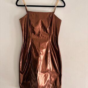 Betsey Johnson Metallic Bronze Bodycon Mini Dress Chain Strap Y2K Party S